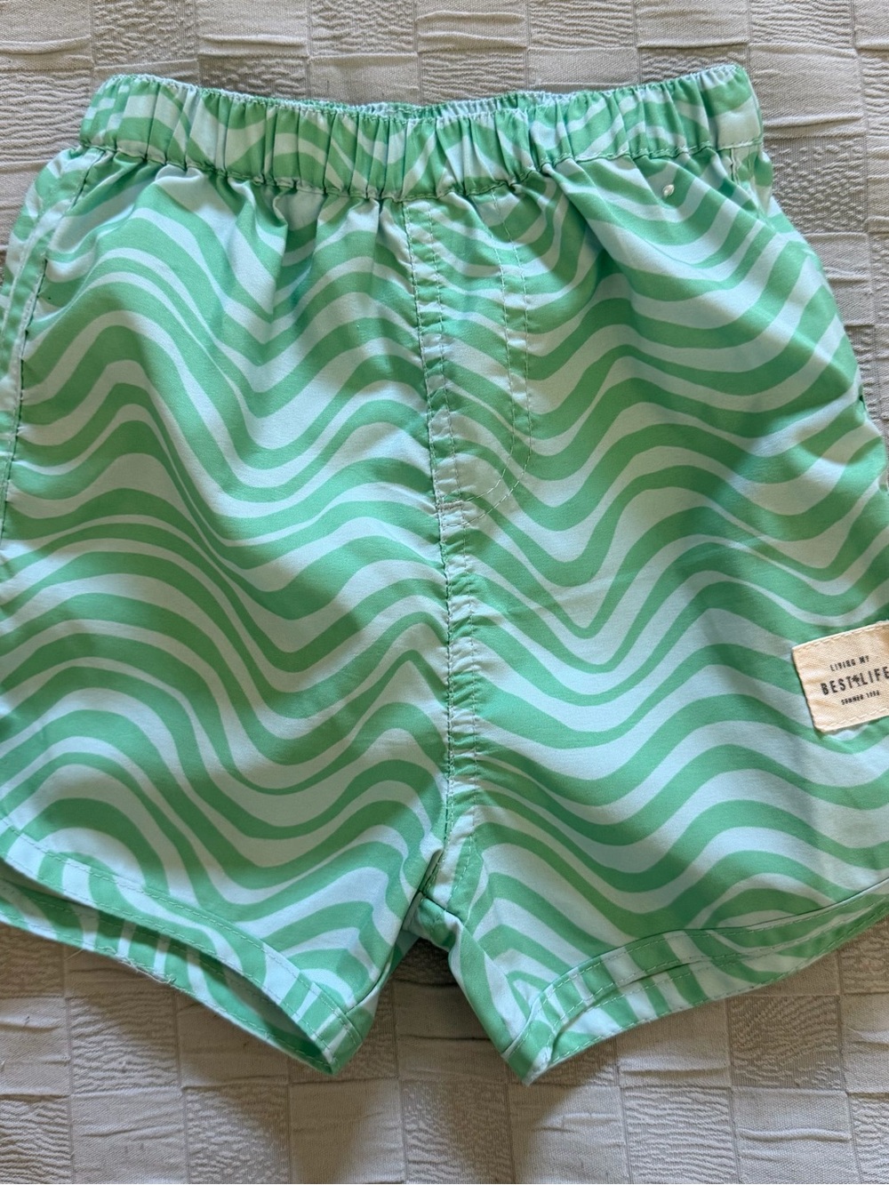 Kids Light Green Wave Swim Shorts with Elastic Waist